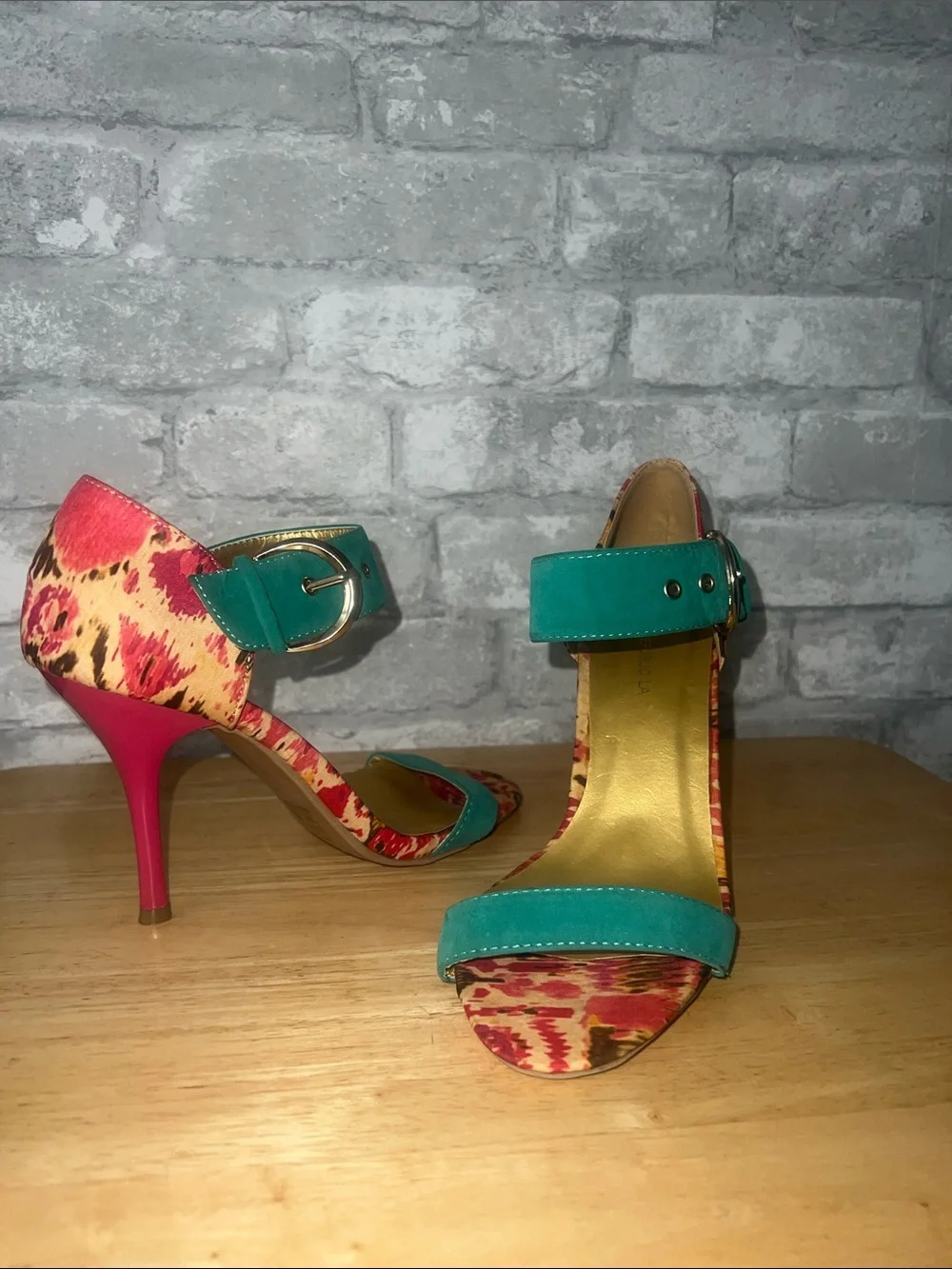 Shoe republic la Colorblock Floral Ankle-Strap High Heels in Teal and Pink